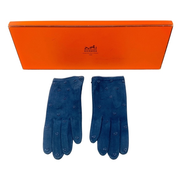 HERMES VINTAGE BLUE SUEDE GLOVES - Picture 2 of 8